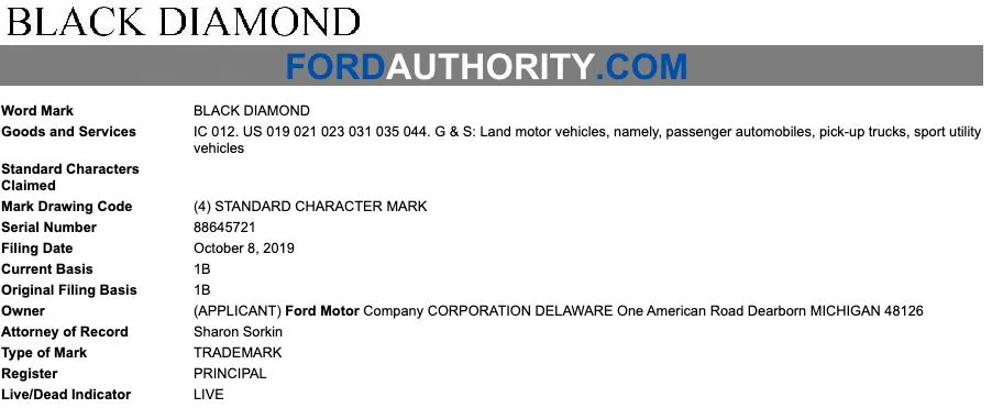 Ford Bronco More Names Ford-Black-Diamond-Trademark-Application-USPTO-October-2019