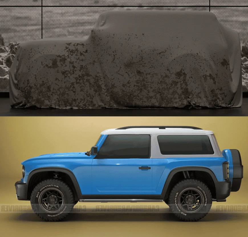 Ford Bronco Car and Driver 4 door renders Bronco Tarp shrink vs CnD render