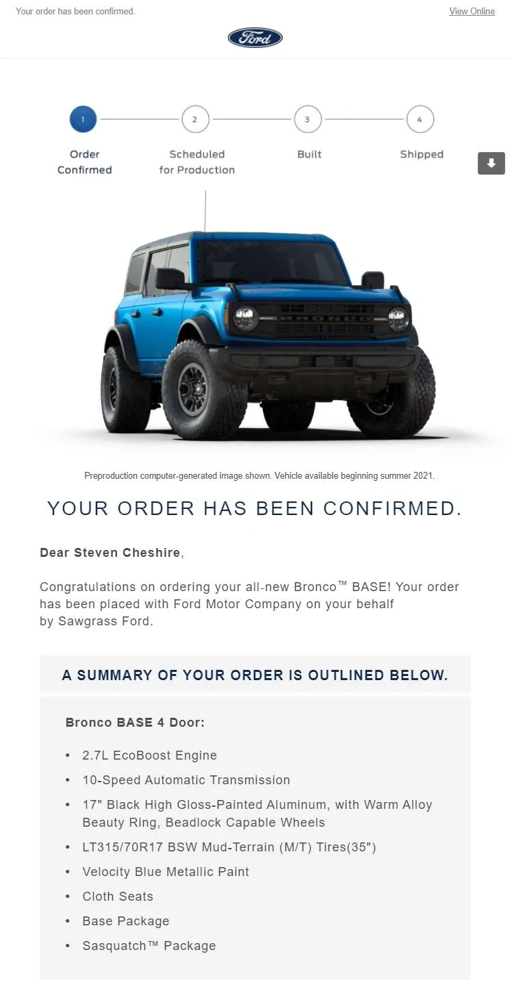 Ford Bronco Possibly being screwed on my order blue bronco build - ford