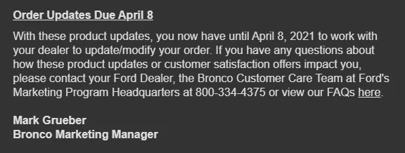 Ford Bronco Ford Sends Out Bronco Order Update Email Offering Price Protection and Complimentary Sound Deadening Headliner 1616704993430