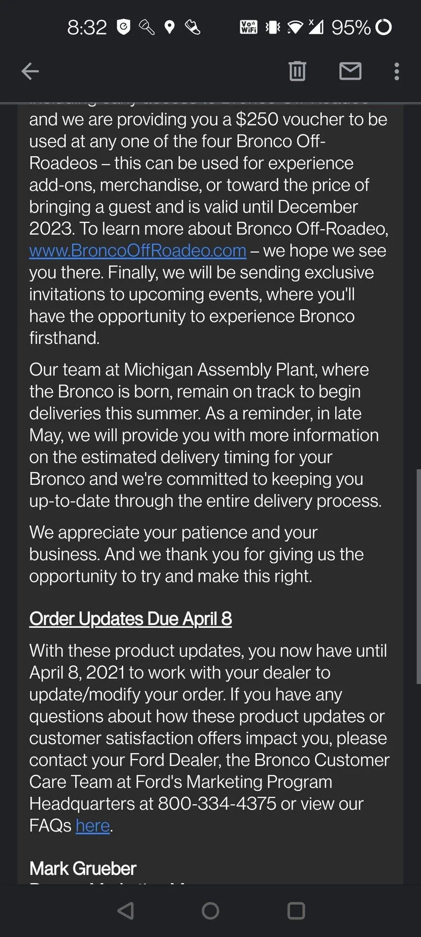 Ford Bronco 8 April to Make Order Changes  email from Ford Screenshot_20210331-083208