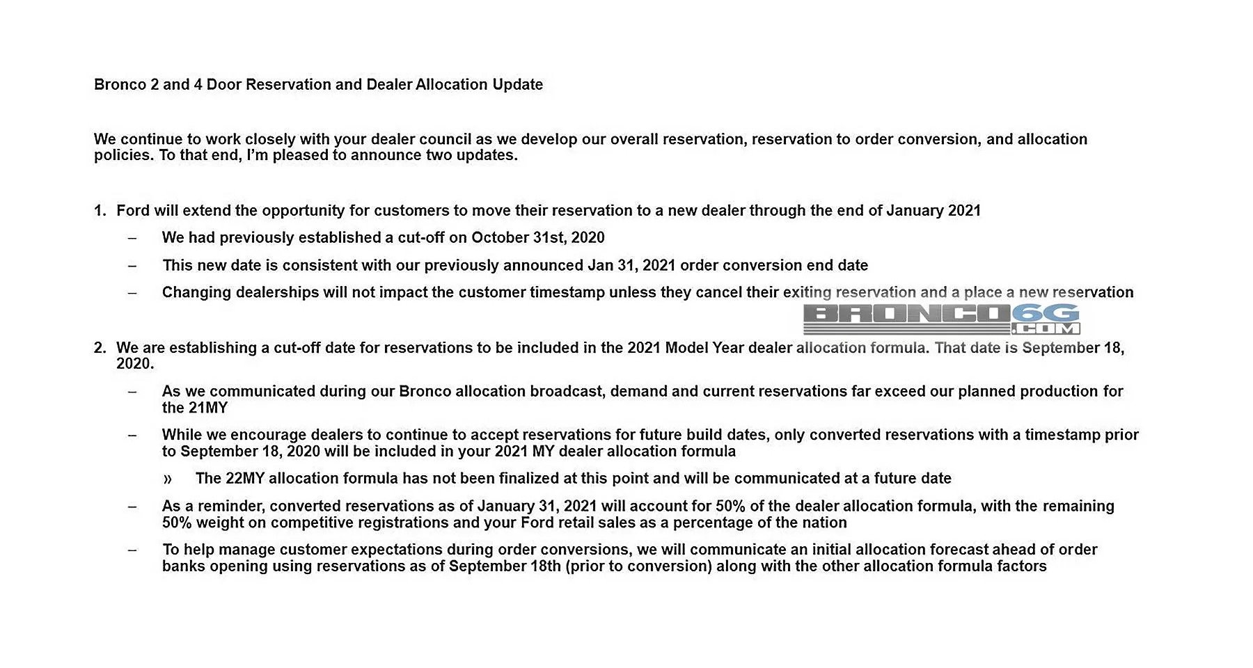 Ford Bronco Does dealership rank matter? Allocation Memo Formula