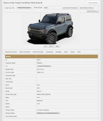 Ford Bronco Big Bend + Sasquatch 2021 Ford Bronco Order Tracker Tracking Tool