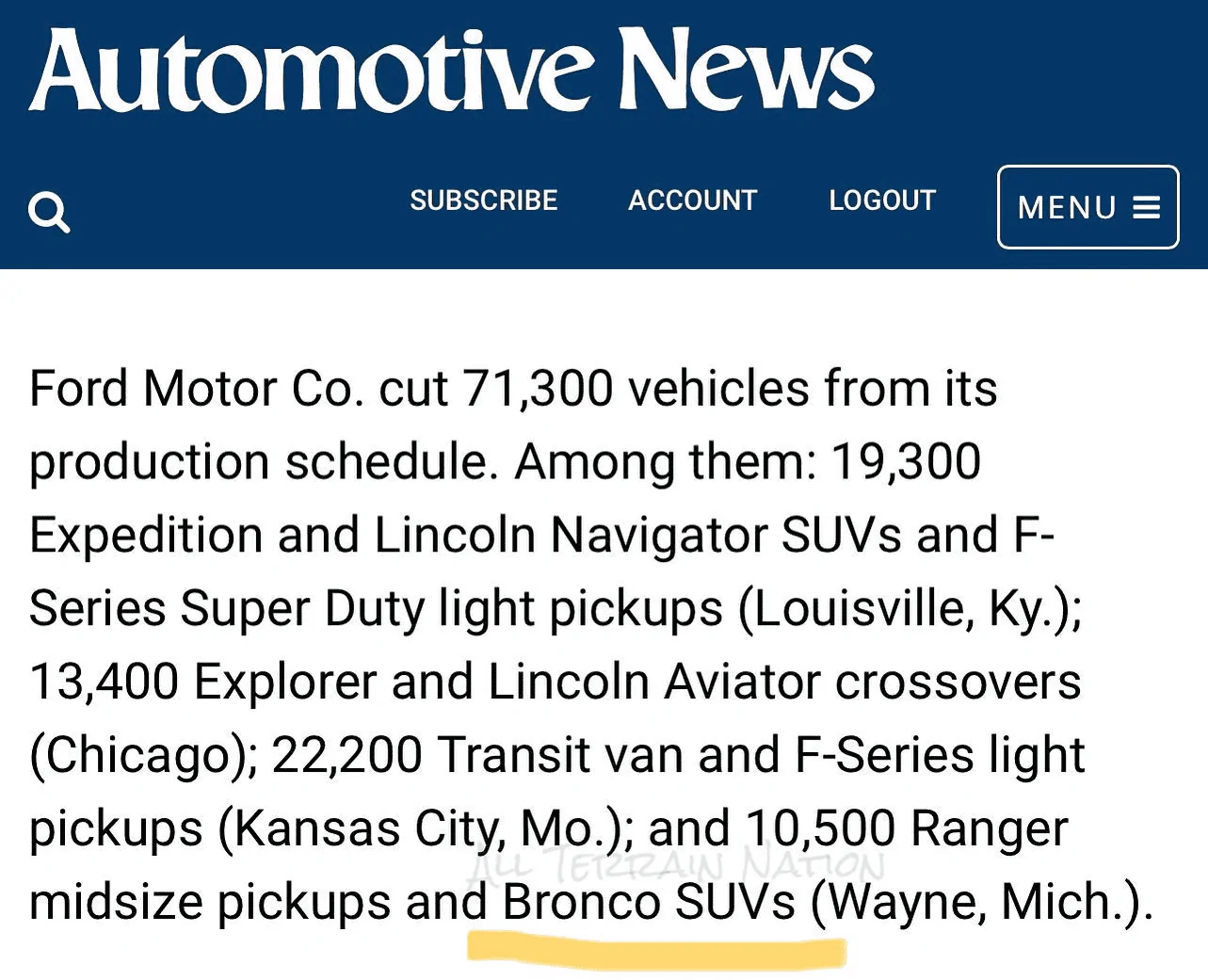 Ford Bronco No Broncos scheduled this week. 1620677511788