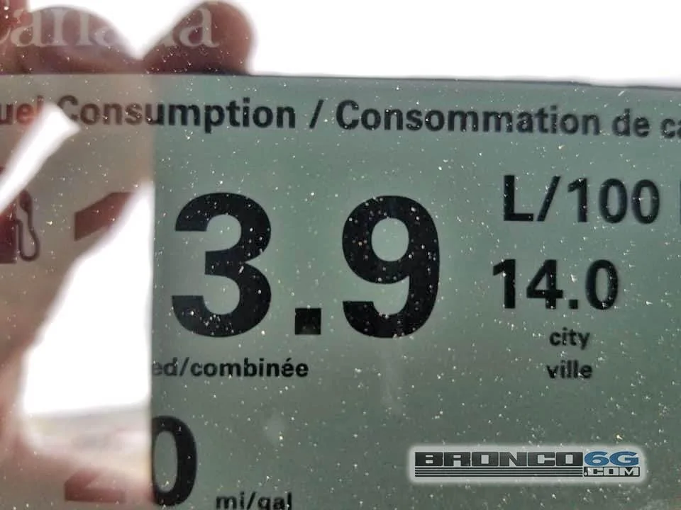 Ford Bronco First Fuel Economy Numbers Seen on Window Sticker = 16.9 MPG (converted) for Sasquatch Badlands 4-Door Bronco 2.7L 2021 Bronco window sticker MPG 4