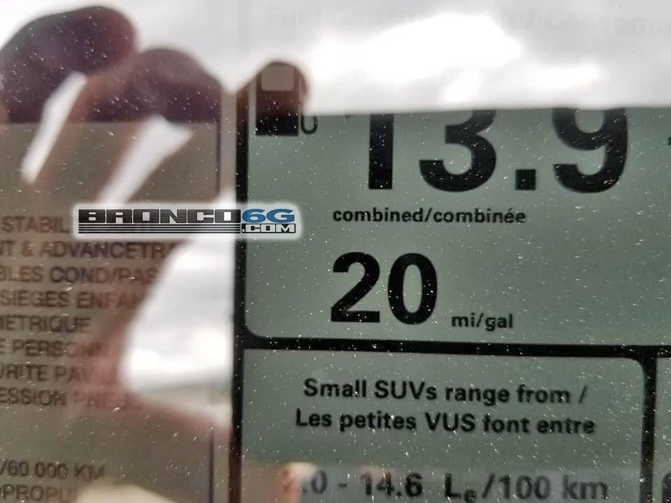 Ford Bronco First Fuel Economy Numbers Seen on Window Sticker = 16.9 MPG (converted) for Sasquatch Badlands 4-Door Bronco 2.7L 0D356209-8971-427D-8489-ACC0FE61DE74