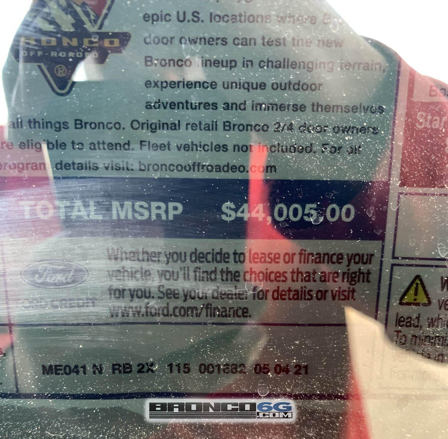 Ford Bronco Velocity Blue 4-Door Fastback at MAP Showing First Window Sticker Without "Not For Sale" Label 2021 Bronco Velocity Blue Outer Banks at MAP Retail Window Sticker 9
