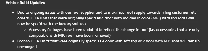 Ford Bronco Dealers informed that 4-Door Bronco FCTP Mannequin demo units will be Soft Top only Bronco FCTP Update Roof
