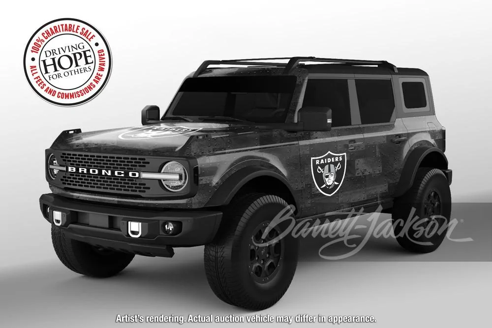 Ford Bronco Las Vegas Raiders Bronco Badlands being auctioned at Barrett Jackson raiders 2021 bronco 1