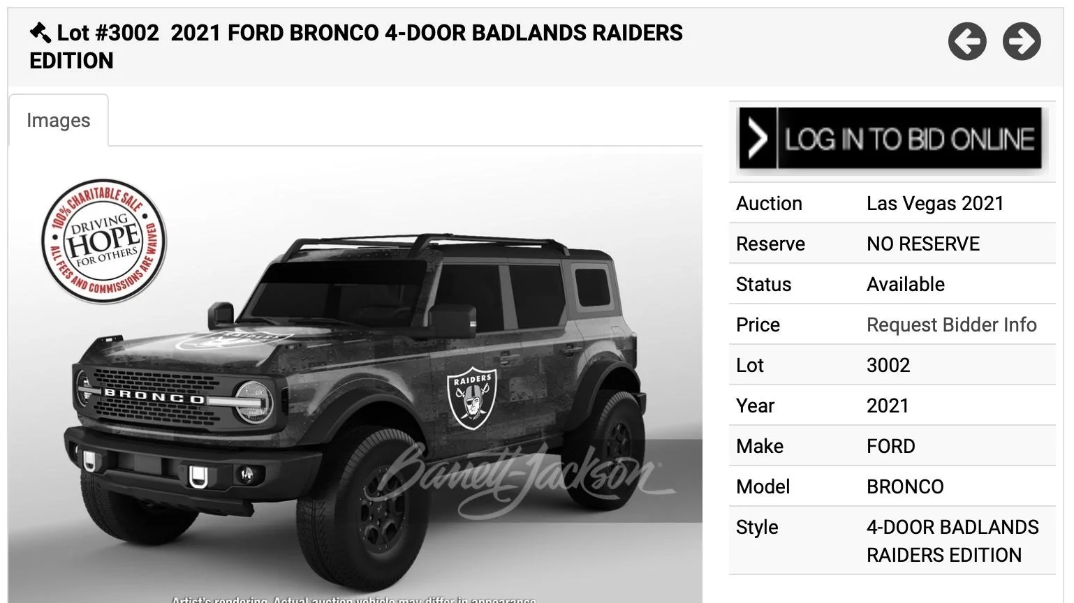 Ford Bronco Las Vegas Raiders Bronco Badlands being auctioned at Barrett Jackson Screen Shot 2021-06-09 at 6.40.06 AM