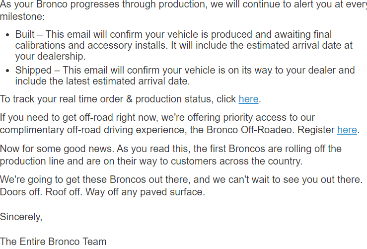 Ford Bronco Communication being sent @ 3PM Eastern to those with build date 1624392144721