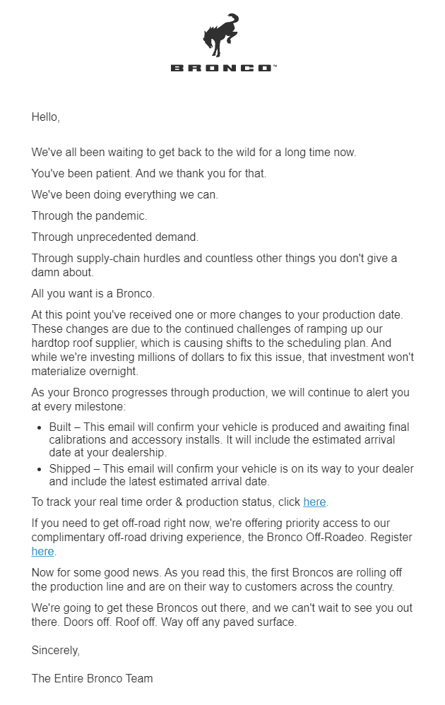 Ford Bronco Communication being sent @ 3PM Eastern to those with build date 1624392209256