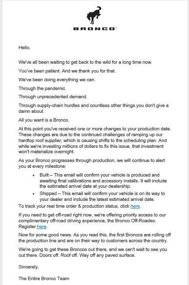 Ford Bronco Communication being sent @ 3PM Eastern to those with build date 1624392297077