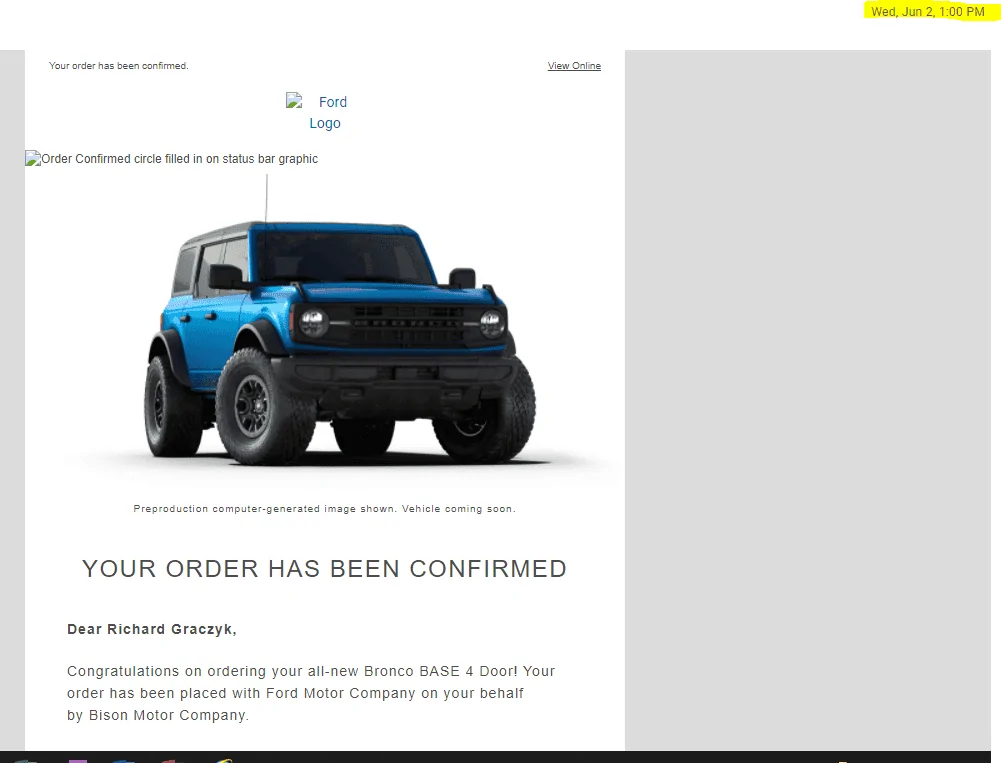 Ford Bronco Communication being sent @ 3PM Eastern to those with build date Capture 1