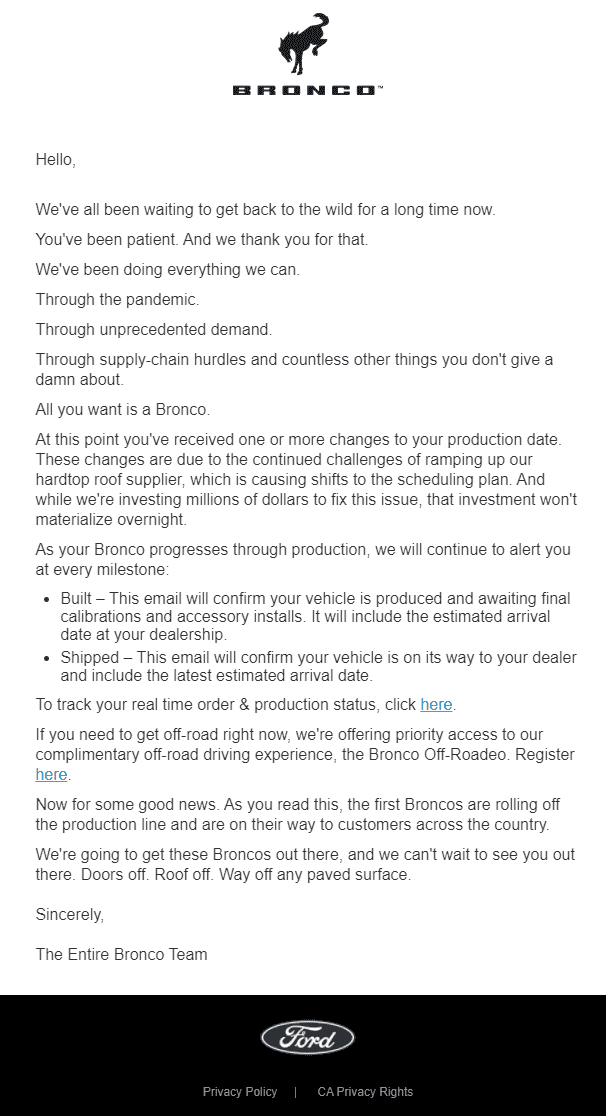 Ford Bronco Communication being sent @ 3PM Eastern to those with build date 1624397316594