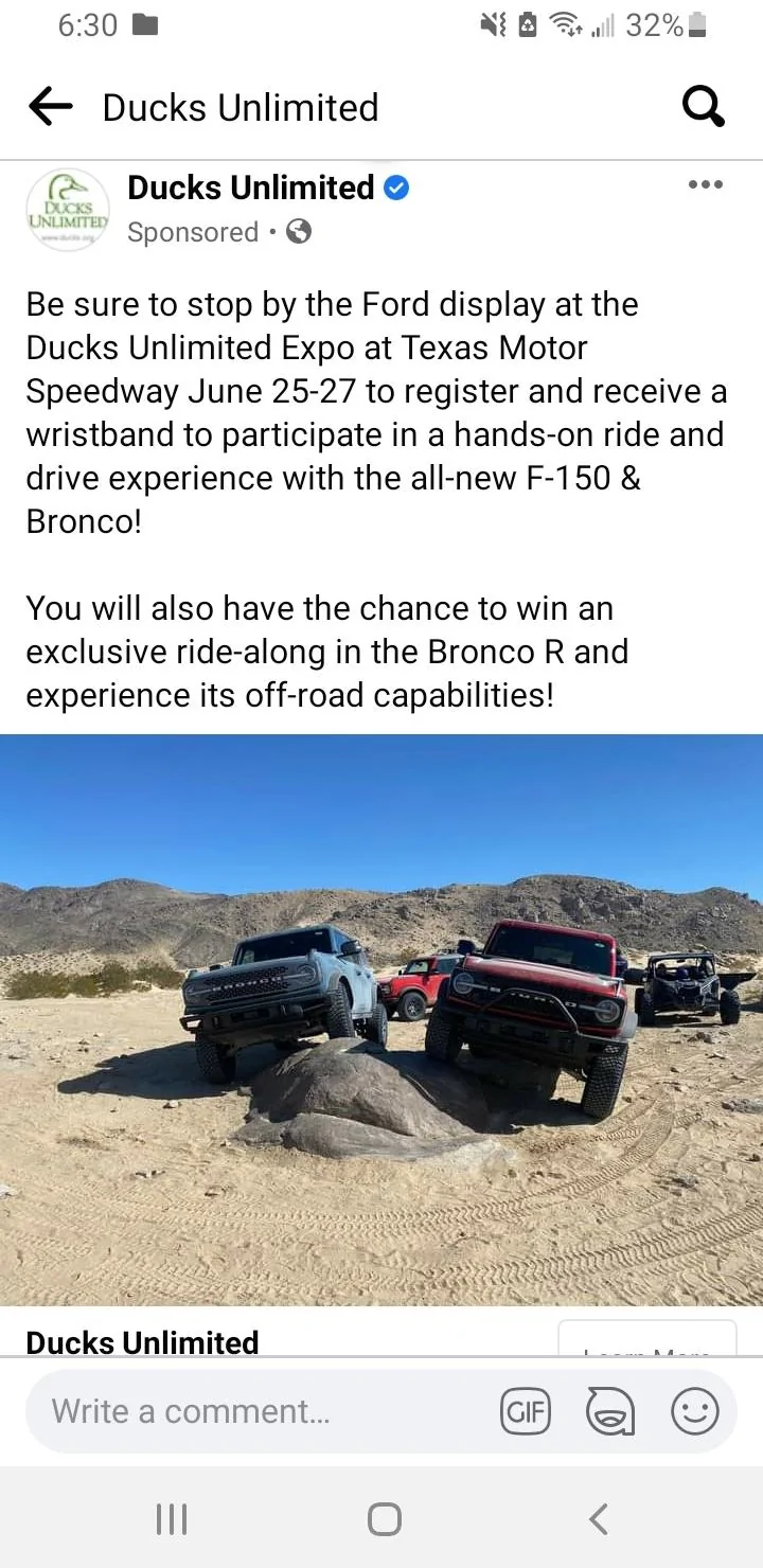 Ford Bronco Ford Offering Bronco ride-alongs at Texas Motor Speedway [Ducks Unlimited Expo] from June 25-27 Screenshot_20210622-183002_Facebook