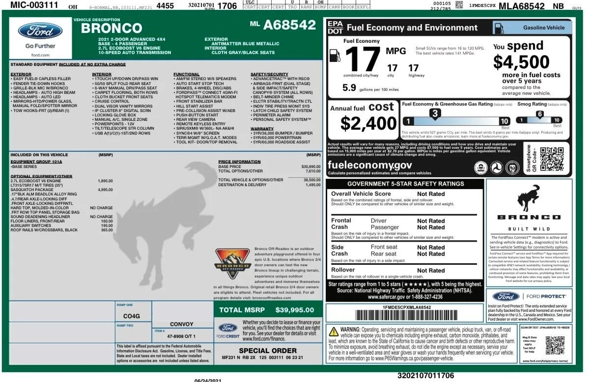 Ford Bronco Sasquatch Price on Window Sticker Bronco Sticker