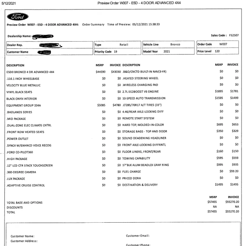Ford Bronco Bronco dealer order manipulation 1624908220500