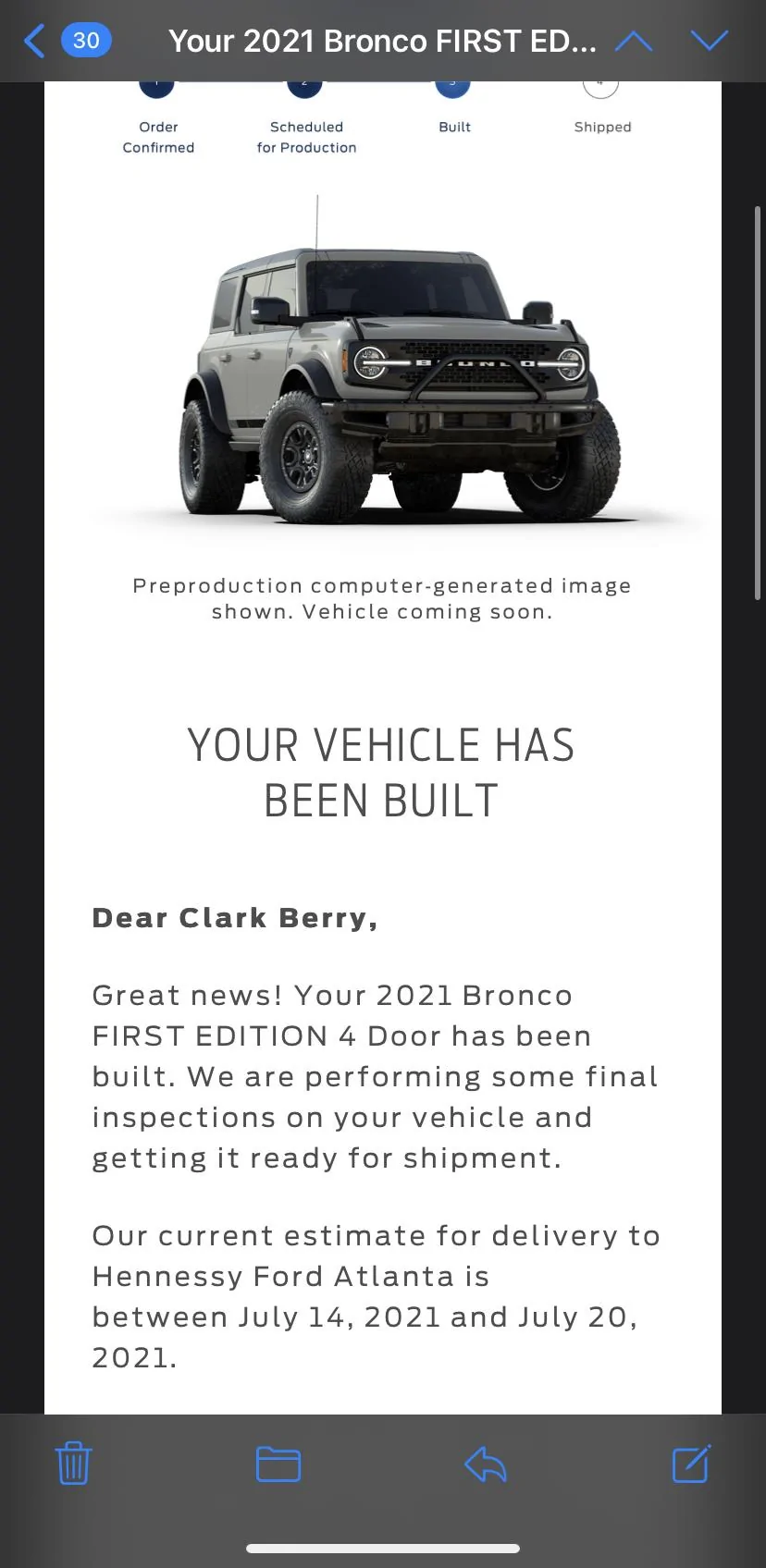 Ford Bronco Bronco FE Built and delivery window scheduled. EEA5B0CC-6168-4DF5-8409-9C9DA4BC1593