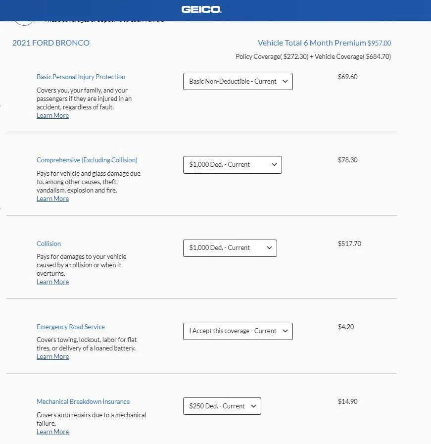 Ford Bronco Bronco Insurance Costs Geico_Quote01