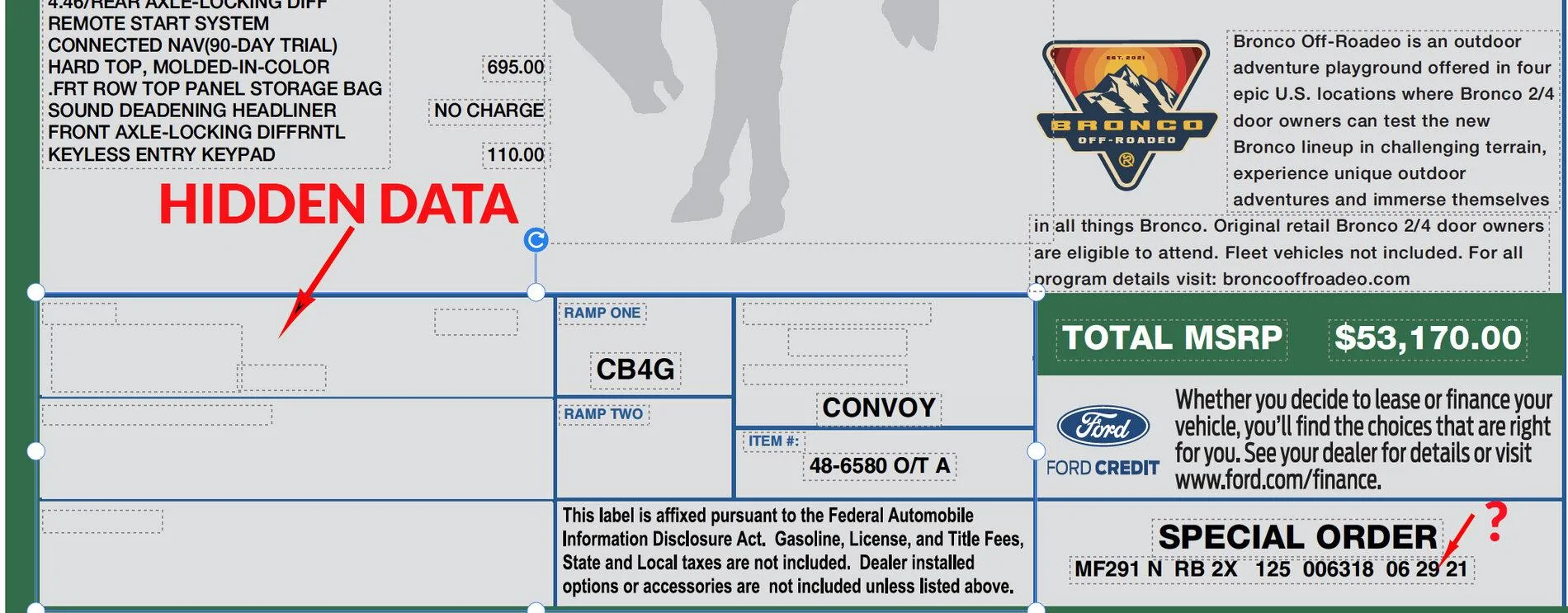 Ford Bronco Hidden Data Fields on Window Stickers hidden