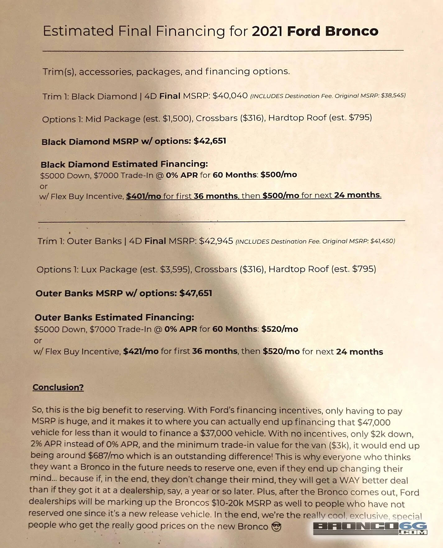 Ford Bronco Is this option/financing sheet accurate? 2021 Ford Bronco Financing