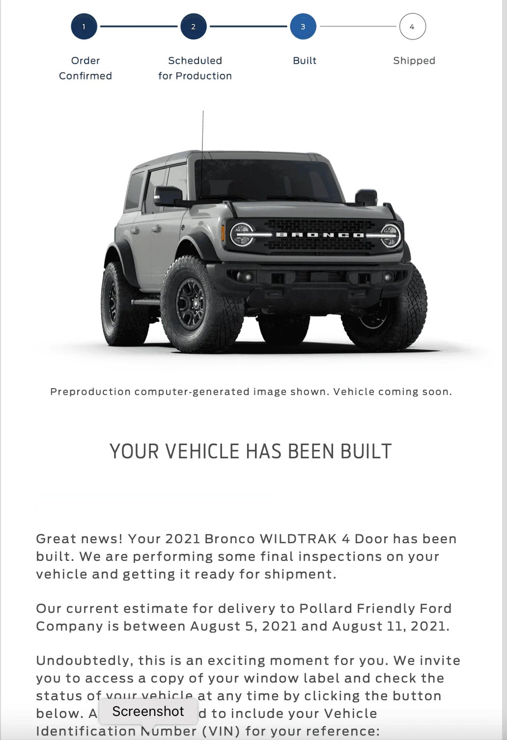 Ford Bronco 6/30 blend dates built email