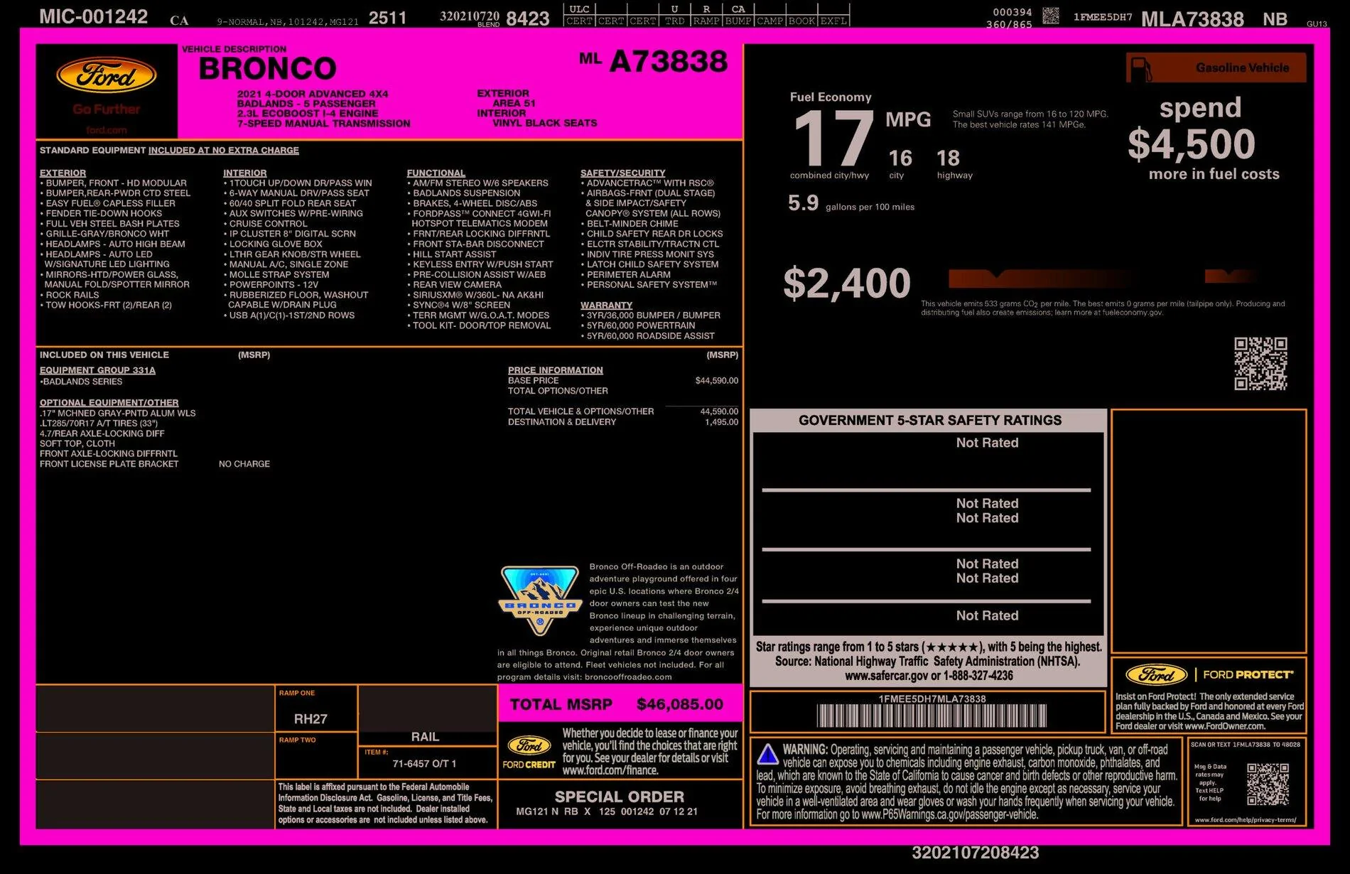 Ford Bronco $169k First Edition Bronco for sale :D windowsticker
