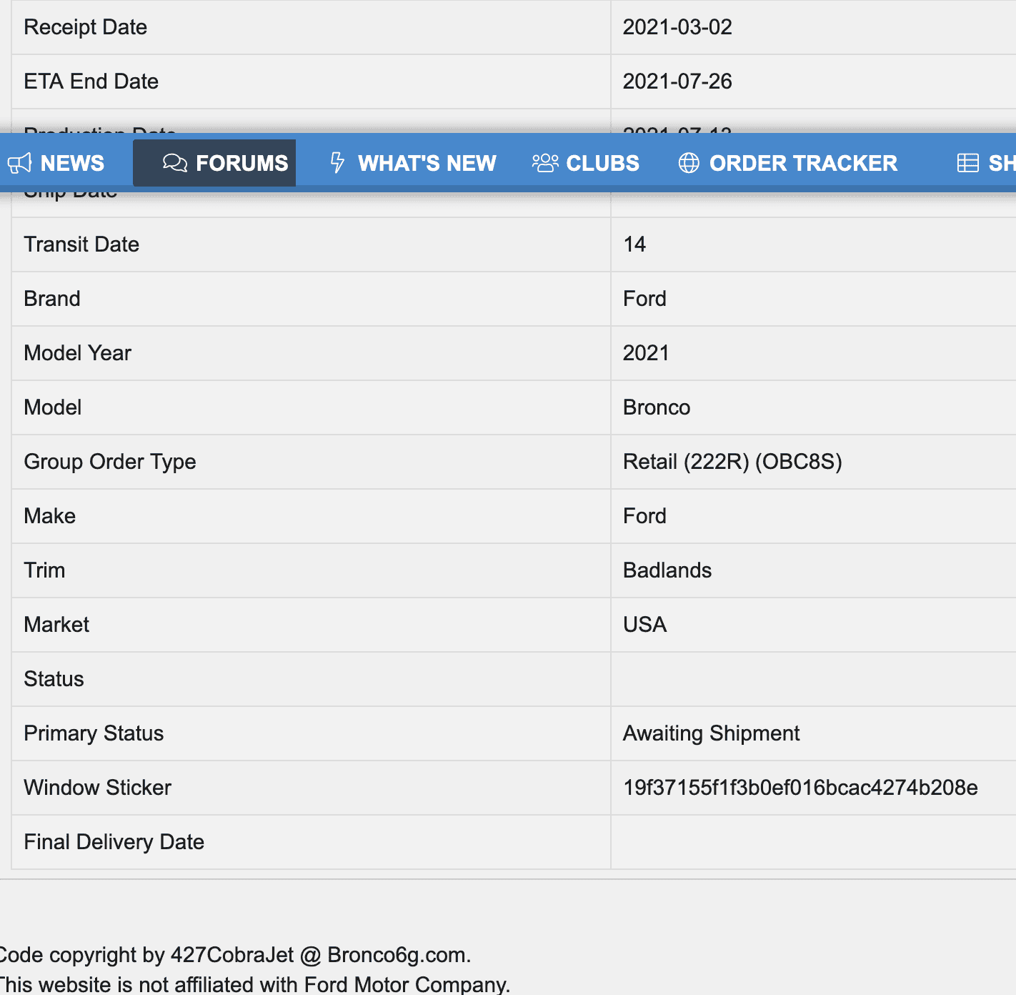 Ford Bronco 7/13 Blend Folks Screenshot 2021-07-15 at 09-10-26 Bronco Order Tracker Tool [Enter VIN Order #]