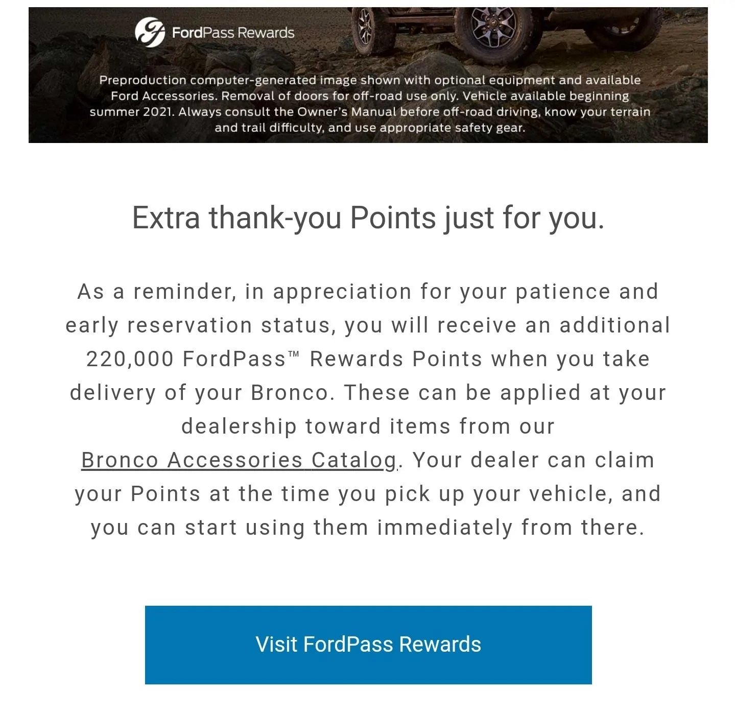 Ford Bronco 220k Ford Pass Rewards Points for early reservation holders? Screenshot_20210717-162212_Gmail