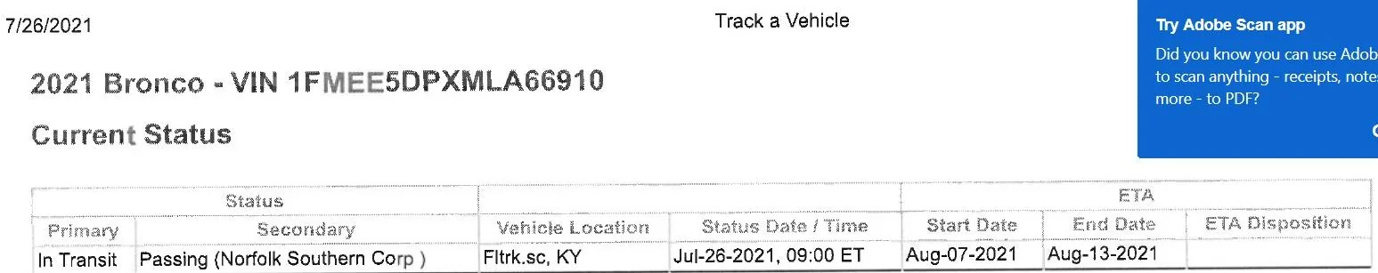 Ford Bronco Deep South delivery times? shipping progress