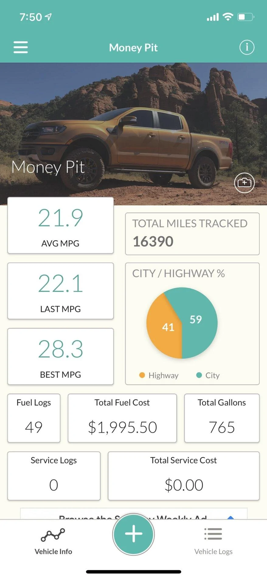 Ford Bronco 2.3L Big Bend MPG after 784 miles: 20-25 MPG Fuelly A