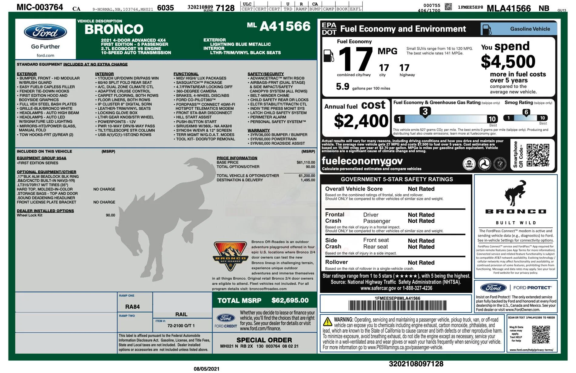 Ford Bronco First Edition Bronco Thread window sticker 2021 Bronco