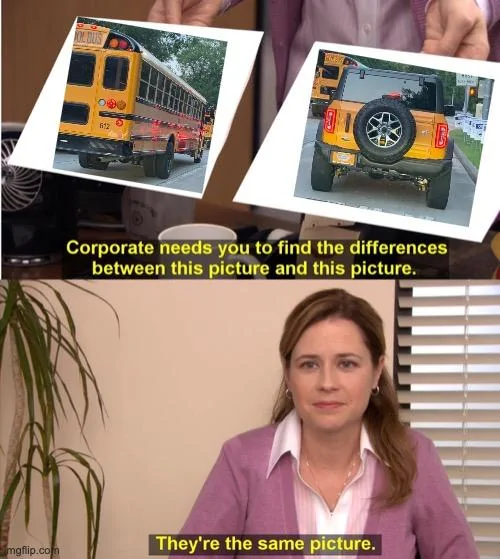 Ford Bronco Cyber Orange vs School Bus side-by-side 5j5uzo