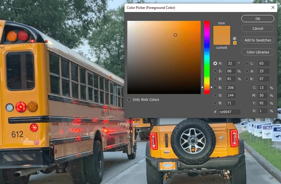 Ford Bronco Cyber Orange vs School Bus side-by-side 1628611724242