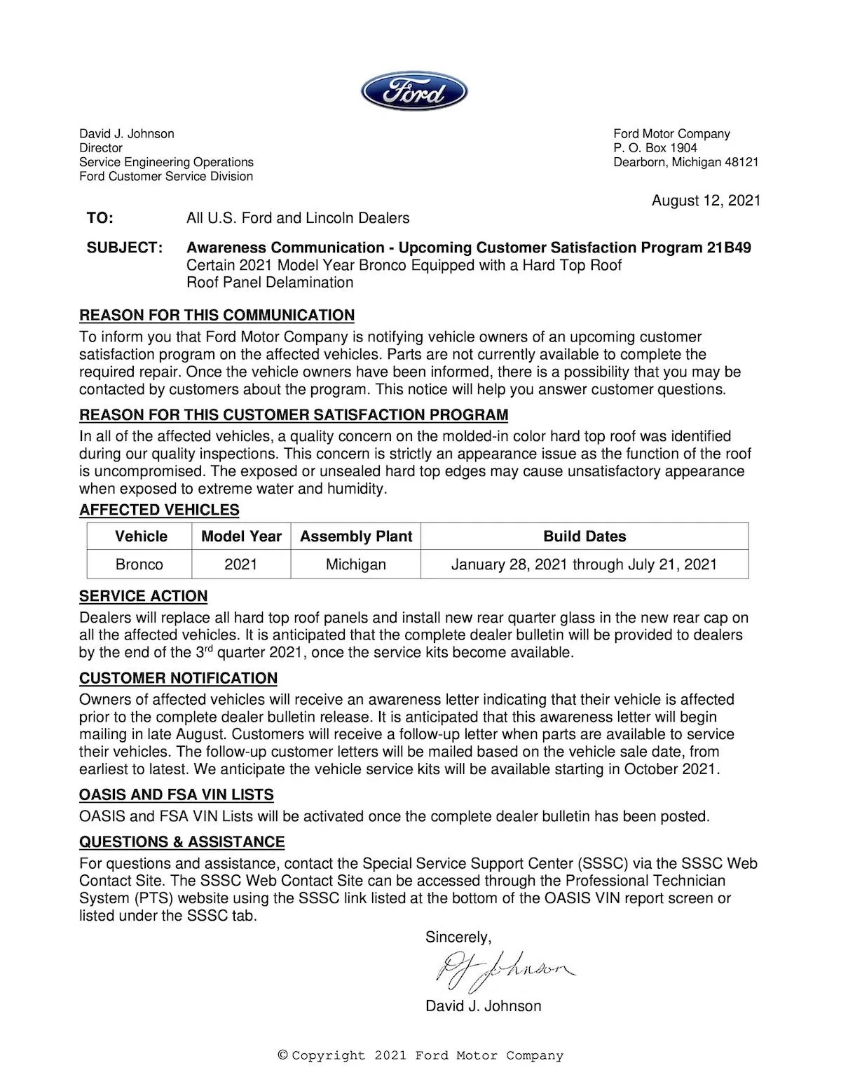 Ford Bronco 📣 Ford announces MIC hardtop solution (program 21B49): unscheduled orders will get MY2022, delivered & built Broncos will have tops replaced CSP-21B49-awareness-communication