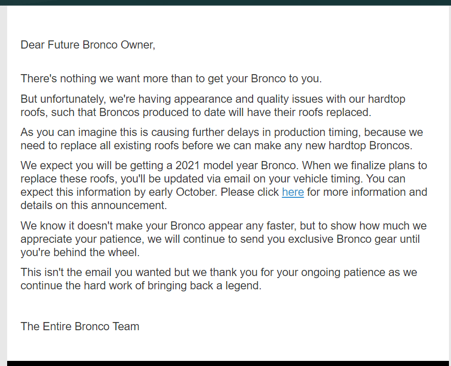 Ford Bronco Delivery delay emails have arrived [8/13] BroncoUPDate21