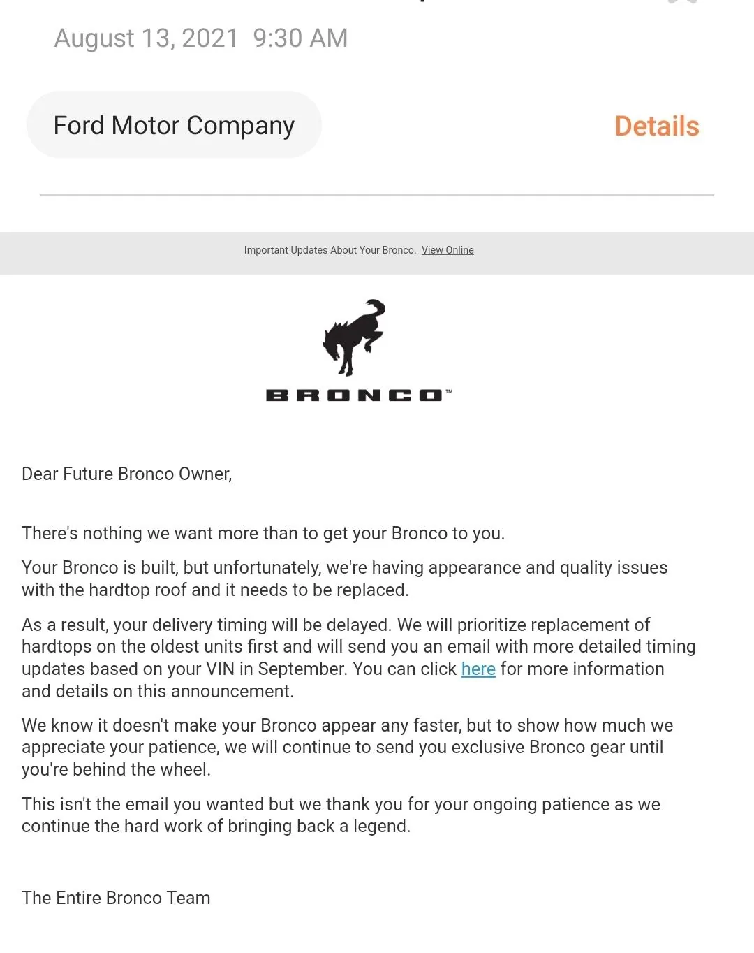 Ford Bronco Delivery delay emails have arrived [8/13] Screenshot_20210813-100440_Email