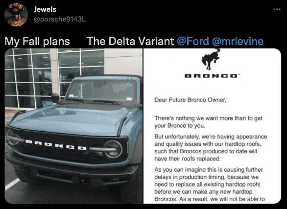 Ford Bronco 📣 Ford announces MIC hardtop solution (program 21B49): unscheduled orders will get MY2022, delivered & built Broncos will have tops replaced 1628876800307