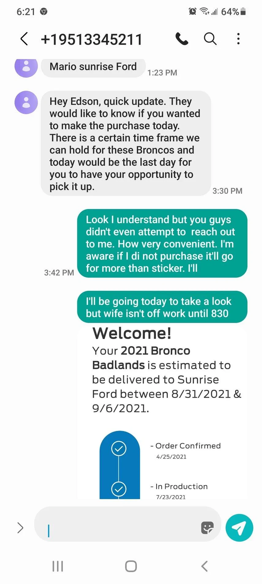 Ford Bronco Bronco dealer order manipulation Screenshot_20210816-182110_Messages