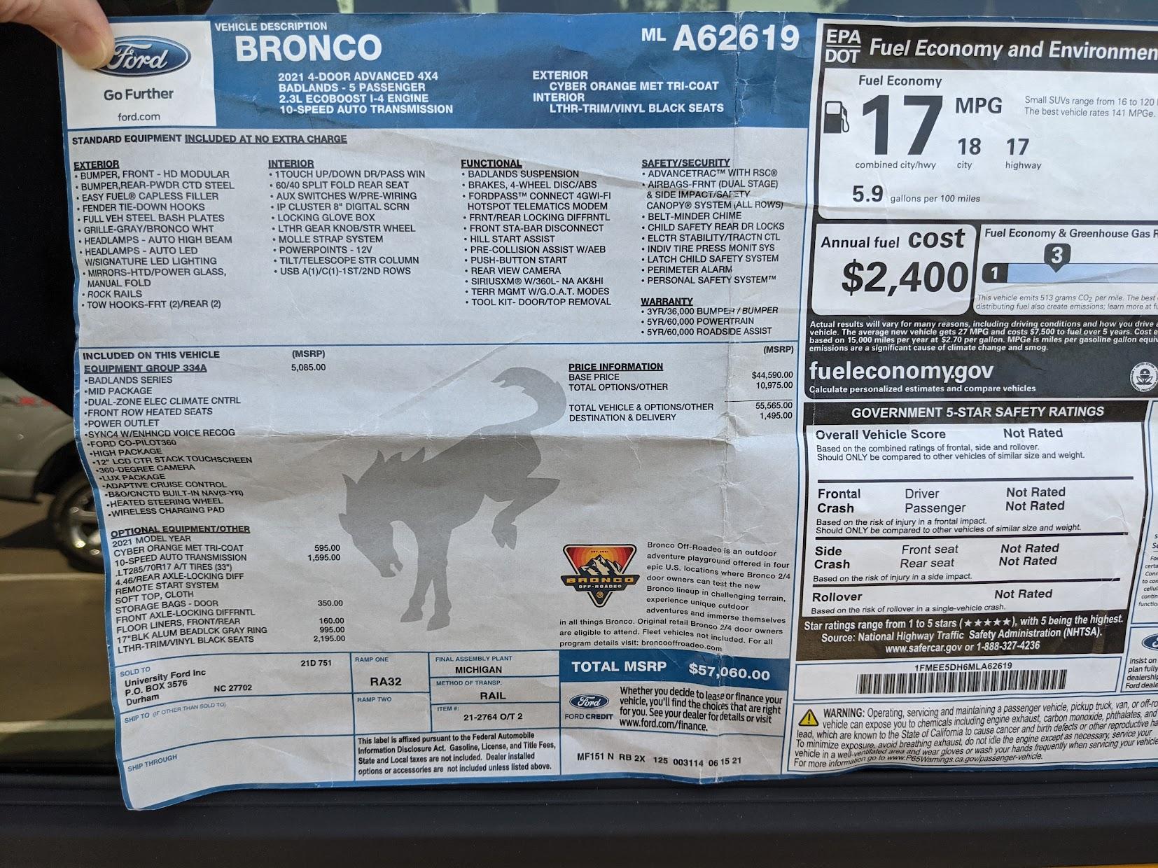 Ford Bronco Test Drove a Bronco Badlands & Wrangler 4xe Rubicon Bronco Window Sticker