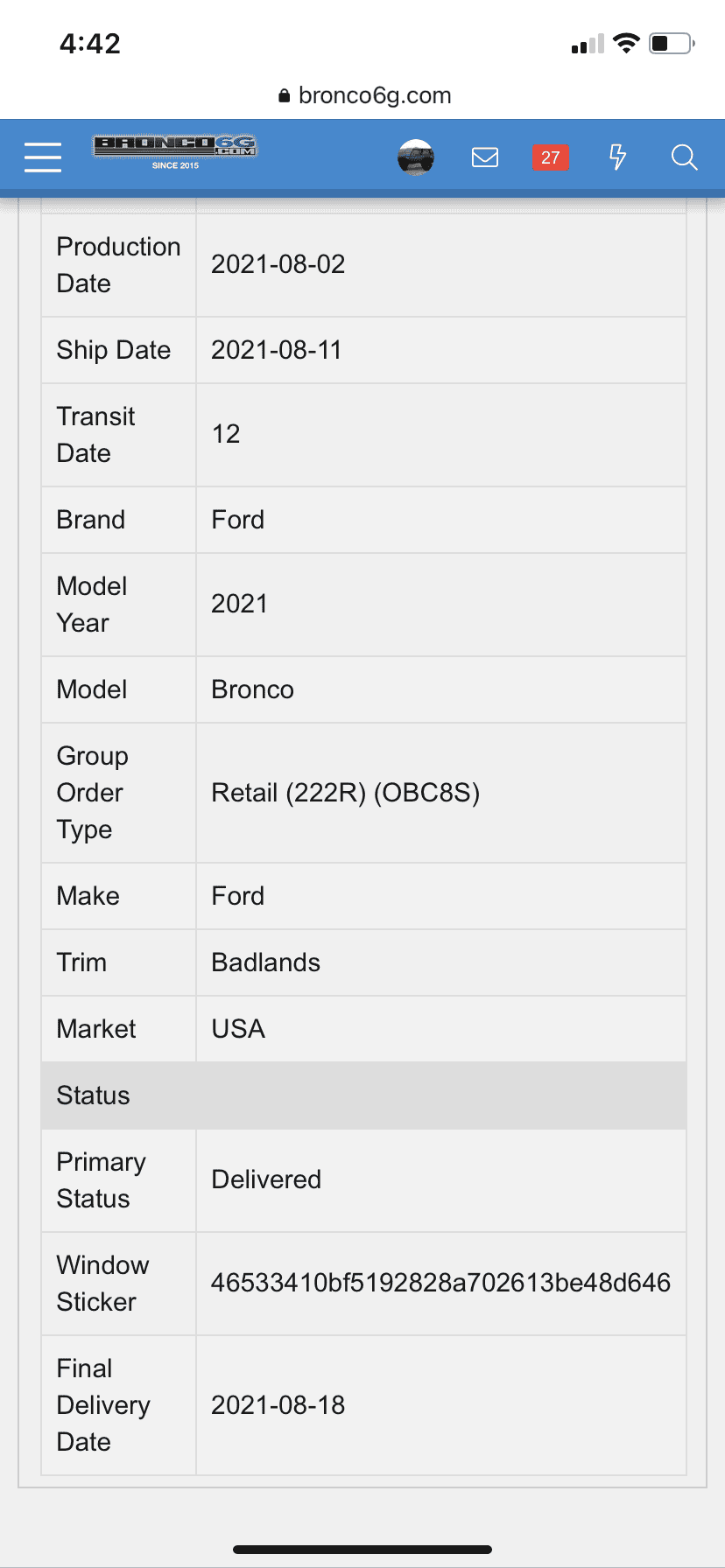 Ford Bronco Who's a 7/19 build? bronco6g marked delivered.PNG