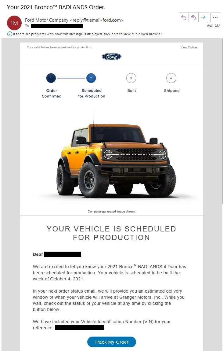 Ford Bronco 📬 9/2 Scheduling Email Received Group! Scheduled 09-02-2021