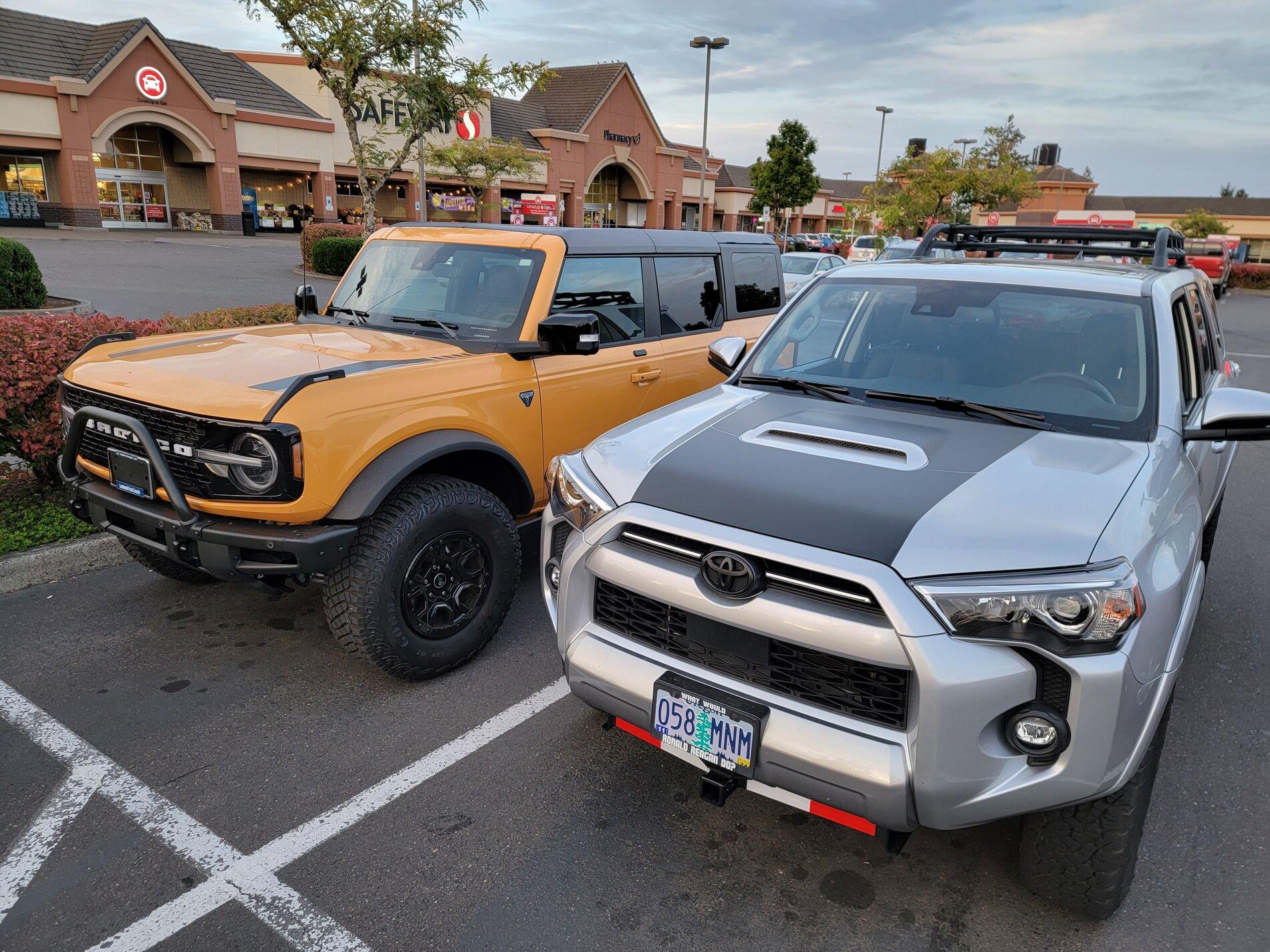 Ford Bronco Cyber Orange First Edition Bronco next to my 4Runner 20210909_191944