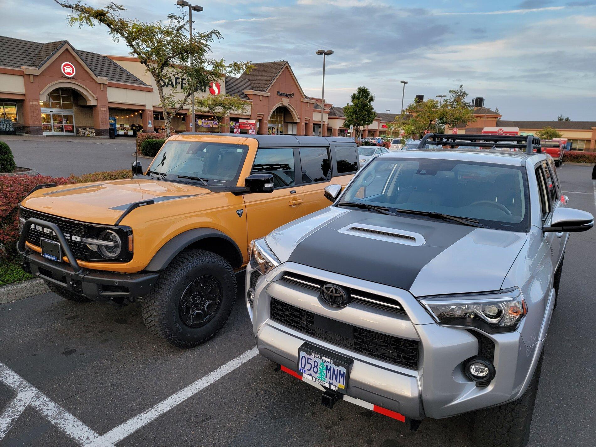 Ford Bronco Cyber Orange First Edition Bronco next to my 4Runner 20210909_191941