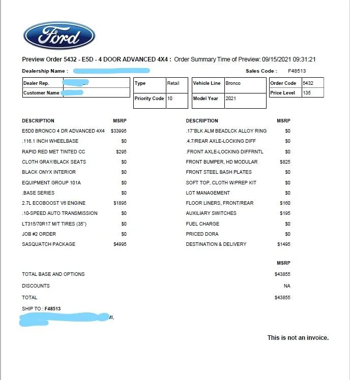Ford Bronco Insight into this email? Order sum. 