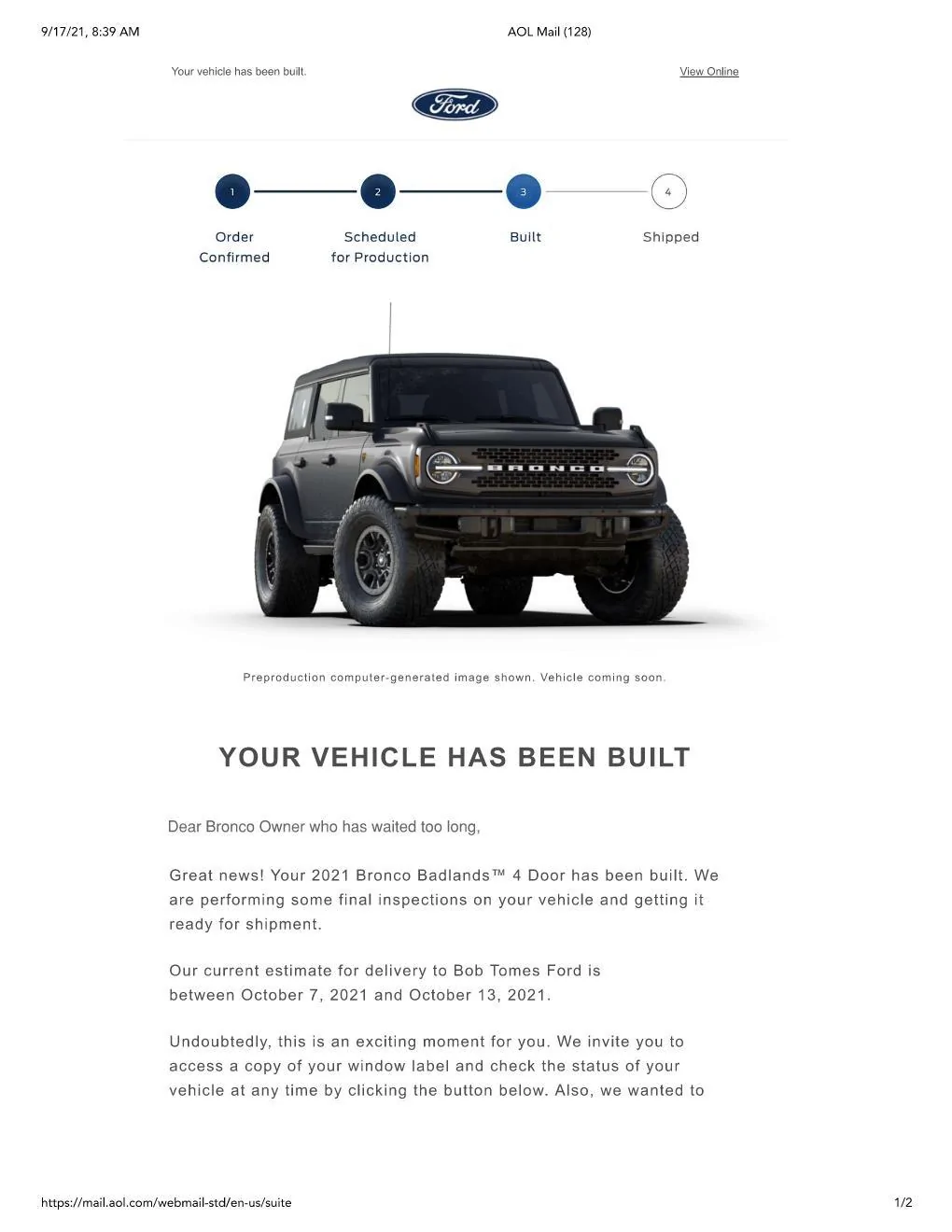 Ford Bronco 🛠 9/6/21 Build Week Group Bronco Built Email Edited