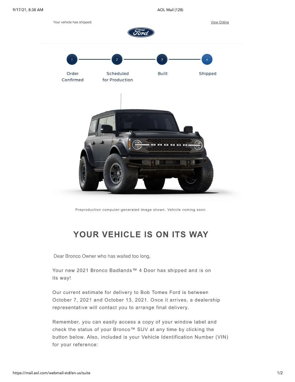 Ford Bronco 🛠 9/6/21 Build Week Group Bronco Delivery Email Edited
