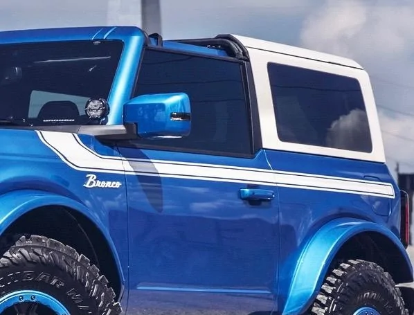 Ford Bronco Velocity Blue with Ridergraphix Retro White 'Special Decor" Style Stripes!!  [Paired with white painted roof] IMG_0890-3