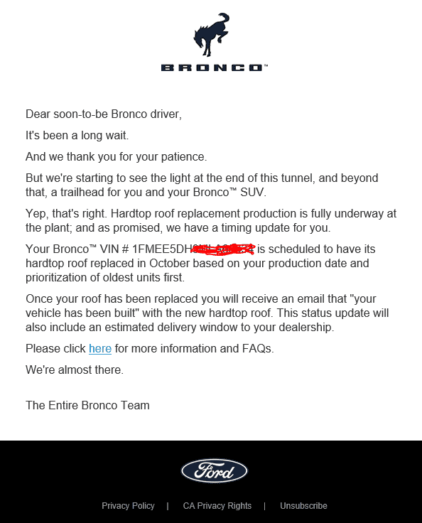 Ford Bronco Ford begins sending Hardtop Replacement emails to Bronco customers today 1632420235417